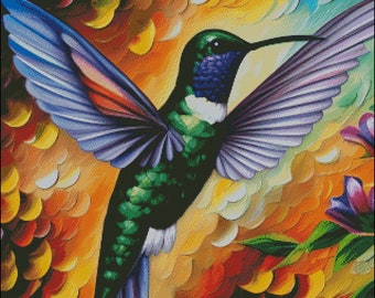 Abstract Hummingbirds with bright colors and flowers counted cross stitch pattern digital pdf