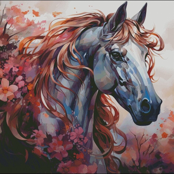 Grey Horse with flowing mane in autumn colors counted cross stitch pattern digital pdf