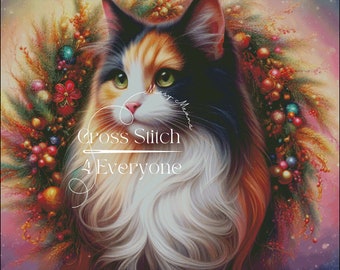 A calico long haired  cat with christmas wreath counted cross stitch pattern digital pdf