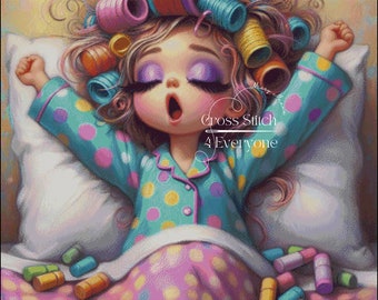 Morning Girl with Curlers Counted Cross Stitch Pattern (Digital PDF)