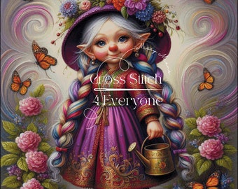 A gnome in the garden with flowers and monarch butterflies counted cross stitch pattern digital pdf