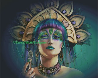 Peacock fantasy woman counted cross stitch pattern digital pdf
