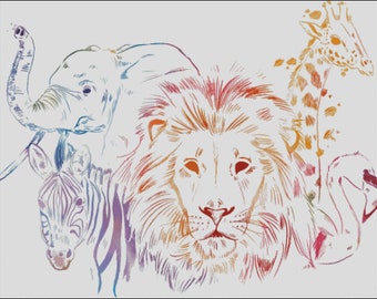 Watercolor wild animals lion zebra elephant flamingo giraffe counted cross stitch pattern PDF