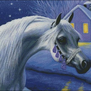 Arabian Horse in snow wintertime horses grey counted cross stitch pattern PDF