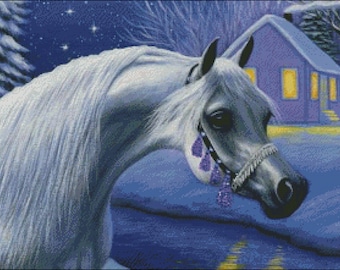 Arabian Horse in snow wintertime horses grey counted cross stitch pattern PDF