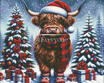 Whimsical highland cow plaid scarf cute holiday counted cross stitch pattern digital pdf