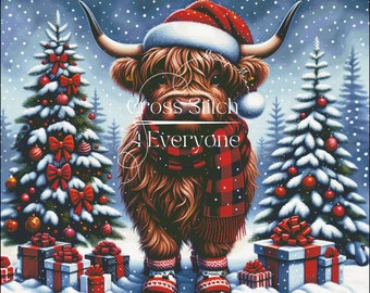 Christmas Highland Cow Cross Stitch Pattern: Holiday Plaid Scarf (Digital PDF)