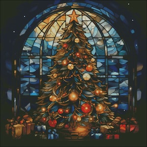 A christmas tree as stained glass counted cross stitch pattern digital pdf