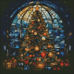 A christmas tree as stained glass counted cross stitch pattern digital pdf