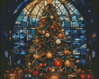 A christmas tree as stained glass counted cross stitch pattern digital pdf