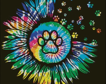 Psychedelic dog paw prints counted cross stitch pattern PDF