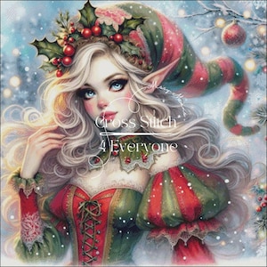 May include: A digital illustration of a female elf with long, flowing blonde hair, wearing a red and green Christmas outfit and a holly berry crown. The image has the text "Cross Stitch 4 Everyone". The background is a snowy winter scene.