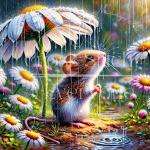 May include: A whimsical illustration of a mouse sheltering under a giant daisy in a rainstorm. The mouse, with brown and white fur, stands on a muddy patch surrounded by colorful daisies. The scene is vibrant with shades of pink, yellow, and green.