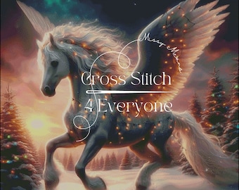 Pegasus decked out with lights christmas festive holiday counted cross stitch pattern digital pdf