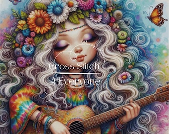 A colorful hippie girl with guitar counted cross stitch pattern digital pdf