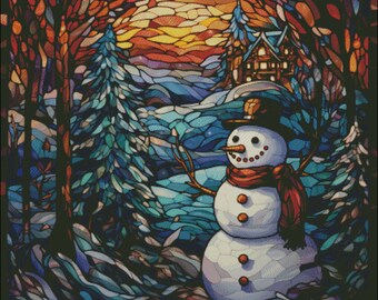 A  snowman as stained glass counted cross stitch pattern digital pdf