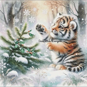 ein niedliches Tigerbär Wolf Löwenjunges im Winter mit verschneitem Motiv Sie erhalten 4 Kreuzstichvorlagen als Set in einer digitalen pdf Datei