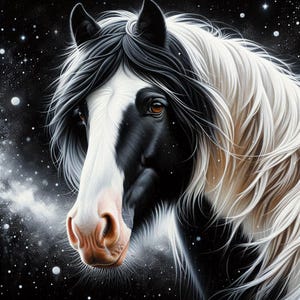 May include: A black and white horse with a long, flowing mane and a prominent white blaze on its face. The horse has dark, expressive eyes and a soft, pinkish-toned muzzle, set against a dark, starry background with scattered white light points.