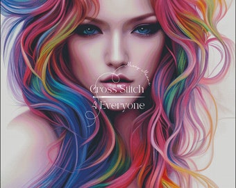 Neon haired girl counted cross stitch pattern digital pdf download