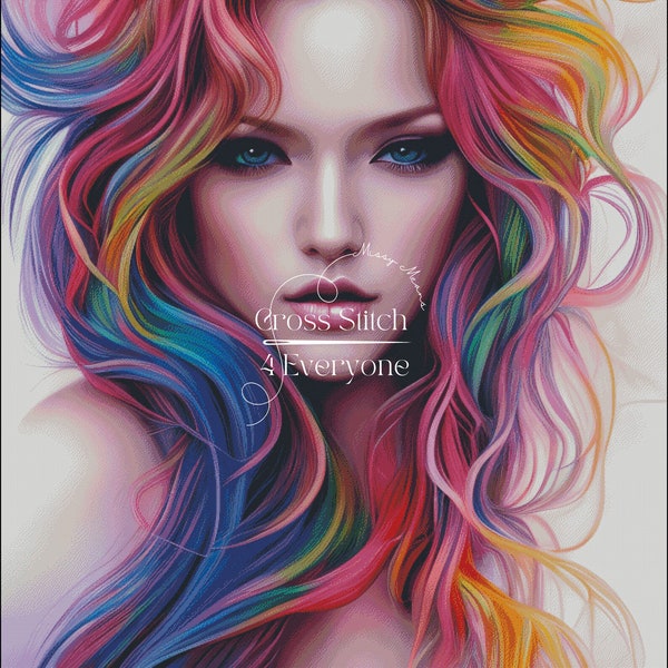 Neon haired girl counted cross stitch pattern digital pdf download