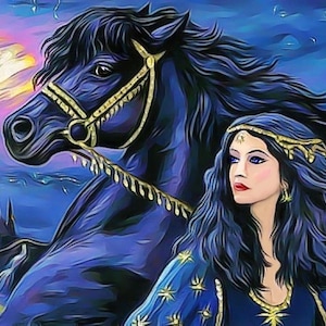 Princess and a black horse castle fantasy counted cross stitch pattern PDF