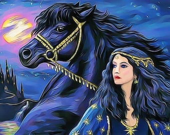 Princess and a black horse castle fantasy counted cross stitch pattern PDF