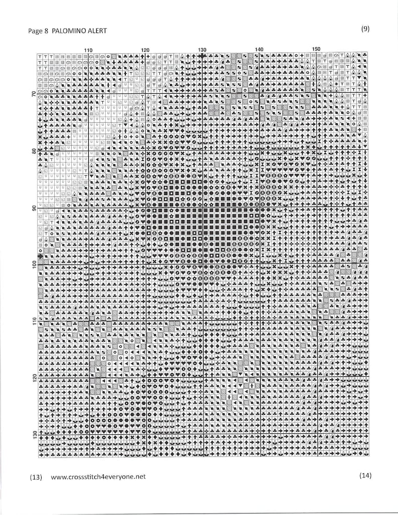 May include: Black and white cross stitch pattern chart for a palomino horse. The chart is divided into a grid with numbers along the top and side. The pattern includes various symbols representing different stitches.