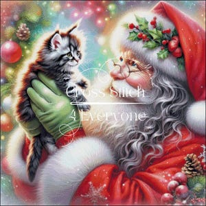 May include: A cross-stitch design featuring Santa Claus holding a fluffy gray and white kitten. Santa wears a red suit and hat with white trim, and green gloves. The background includes Christmas ornaments and the text "Cross Stitch 4 Everyone."
