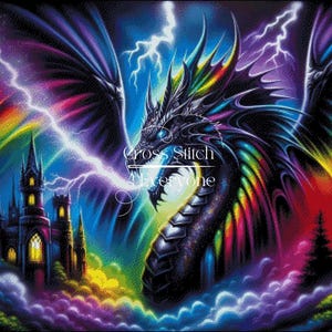 May include: A vibrant cross-stitch pattern featuring a detailed dragon with rainbow-colored scales and wings, set against a backdrop of lightning and a fantasy castle. The text "Cross Stitch Everyone" is visible.