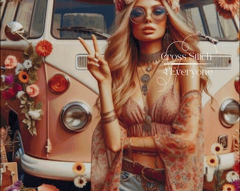 Hippie Girl VW Bus Cross Stitch Pattern (Digital PDF)