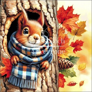 Könnte beinhalten: Ein Kreuzstichmuster mit einem Eichhörnchen, das einen blau-orange karierten Schal trägt und aus einer Baumhöhle blickt. Das Bild zeigt Herbstblätter in Rot-, Orange- und Gelbtönen sowie einen Tannenzapfen.