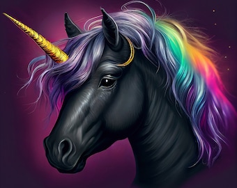 Rainbow mane on a black unicorn fantasy counted cross stitch pattern digital pdf