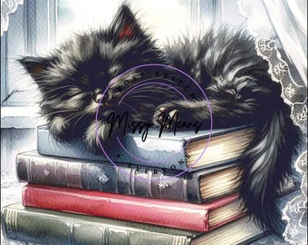 Black Kitten with Books Cross Stitch Pattern (Digital PDF)