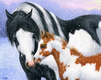Paint horses mare and foal pinto horse winter snow counted cross stitch pattern PDF