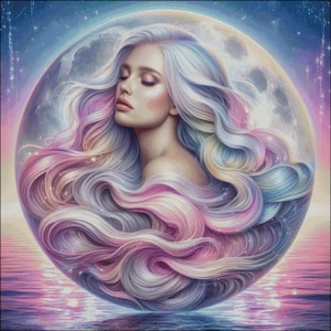 May include: A woman with long, flowing hair in shades of pink, blue, and purple, surrounded by a glowing moon. The moon is reflected in the water below.