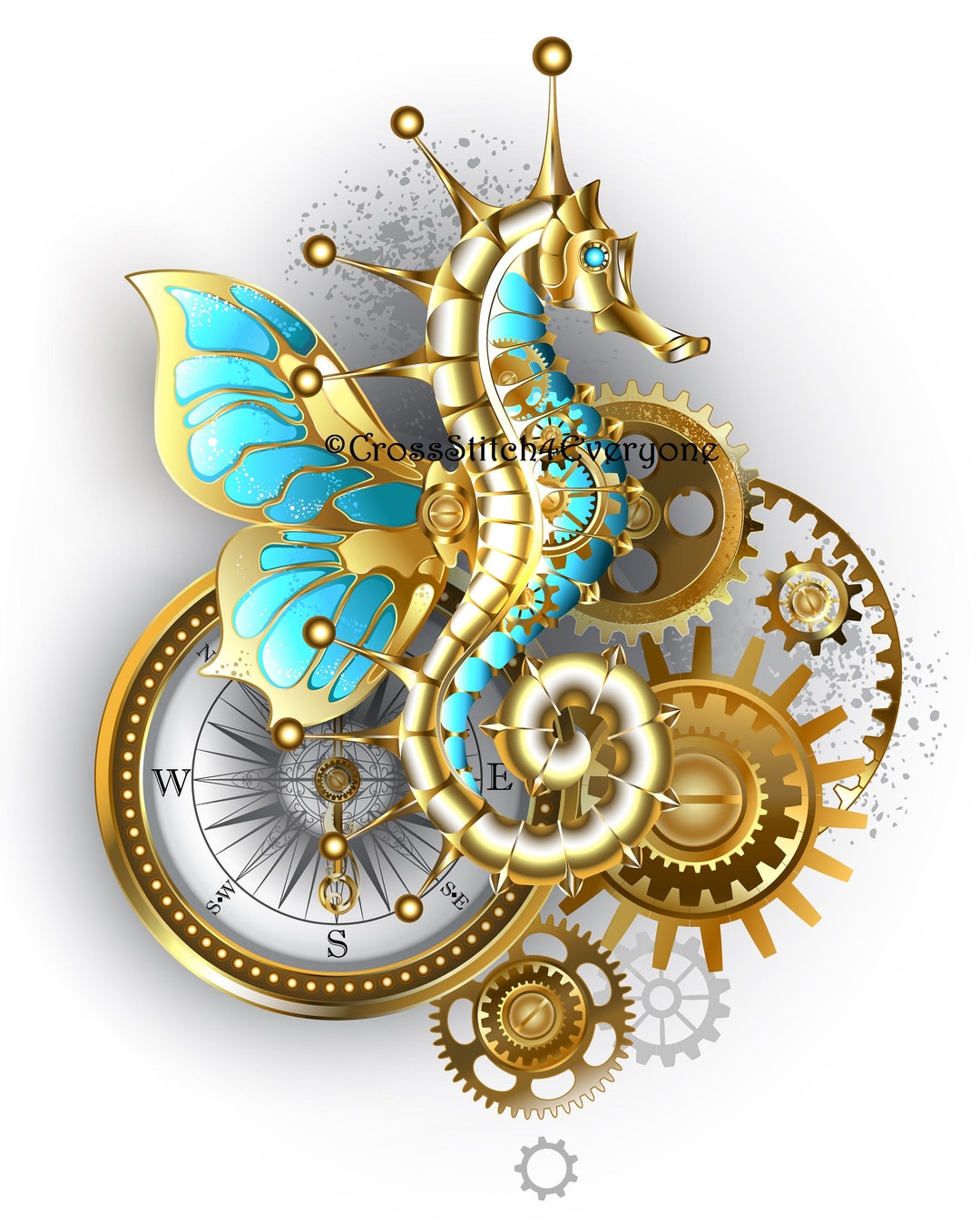 スチームパンク風の機械仕掛けのタツノオトシゴのクロスステッチ