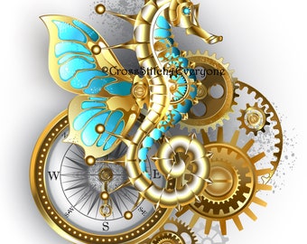 Steampunk style mechanical seahorse counted cross stitch pattern digital pdf