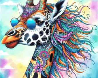 A groovy psychedelic hippie giraffe  counted cross stitch pattern digital pdf