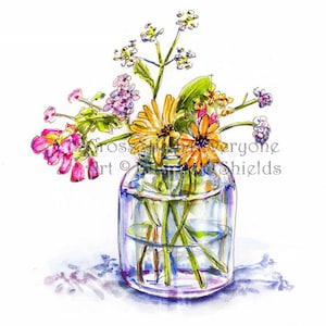 Watercolor wildflowers in a jar counted cross stitch pattern digital pdf