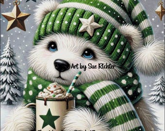 Polar Bear Cub Cocoa Winter Cross Stitch Pattern (Digital PDF)
