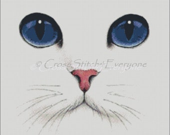 White cat with blue eyes counted cross stitch pattern PDF