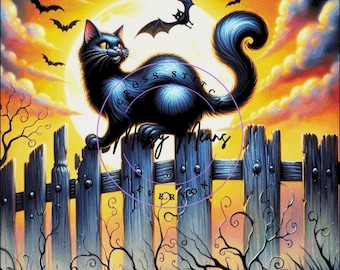 A black cat and bat Halloween holiday Cross Stitch Pattern: (Digital PDF)