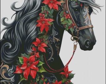 Friesian horse with poinsettia flowers christmas festive holiday counted cross stitch pattern digital pdf