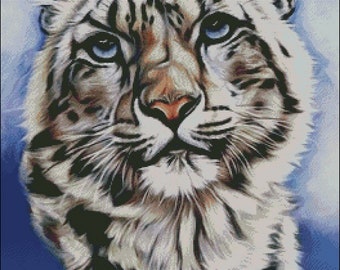 Snow Leopard big wild cat digital counted cross stitch pattern pdf