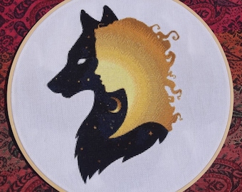 Wolf woman fantasy wildlife animal counted cross stitch pattern digital pdf