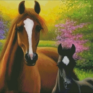 Arabian horses mare and foal spring horse counted cross stitch pattern PDF