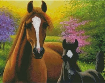 Arabian horses mare and foal spring horse counted cross stitch pattern PDF