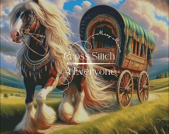 A beautiful gypsy vanner horse pulling a wagon in a stunning landscape counted cross stitch pattern digital pdf