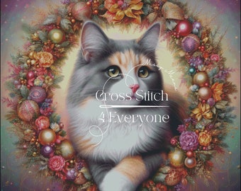 A grey yellow and white calico cat with wreath  counted cross stitch pattern digital pdf