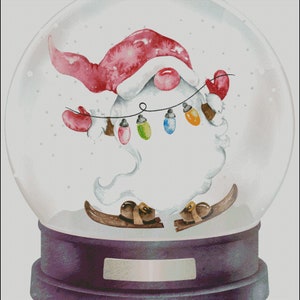 Gnome in a snow globe with christmas lights counted cross stitch pattern printed mailed hardcopy or download